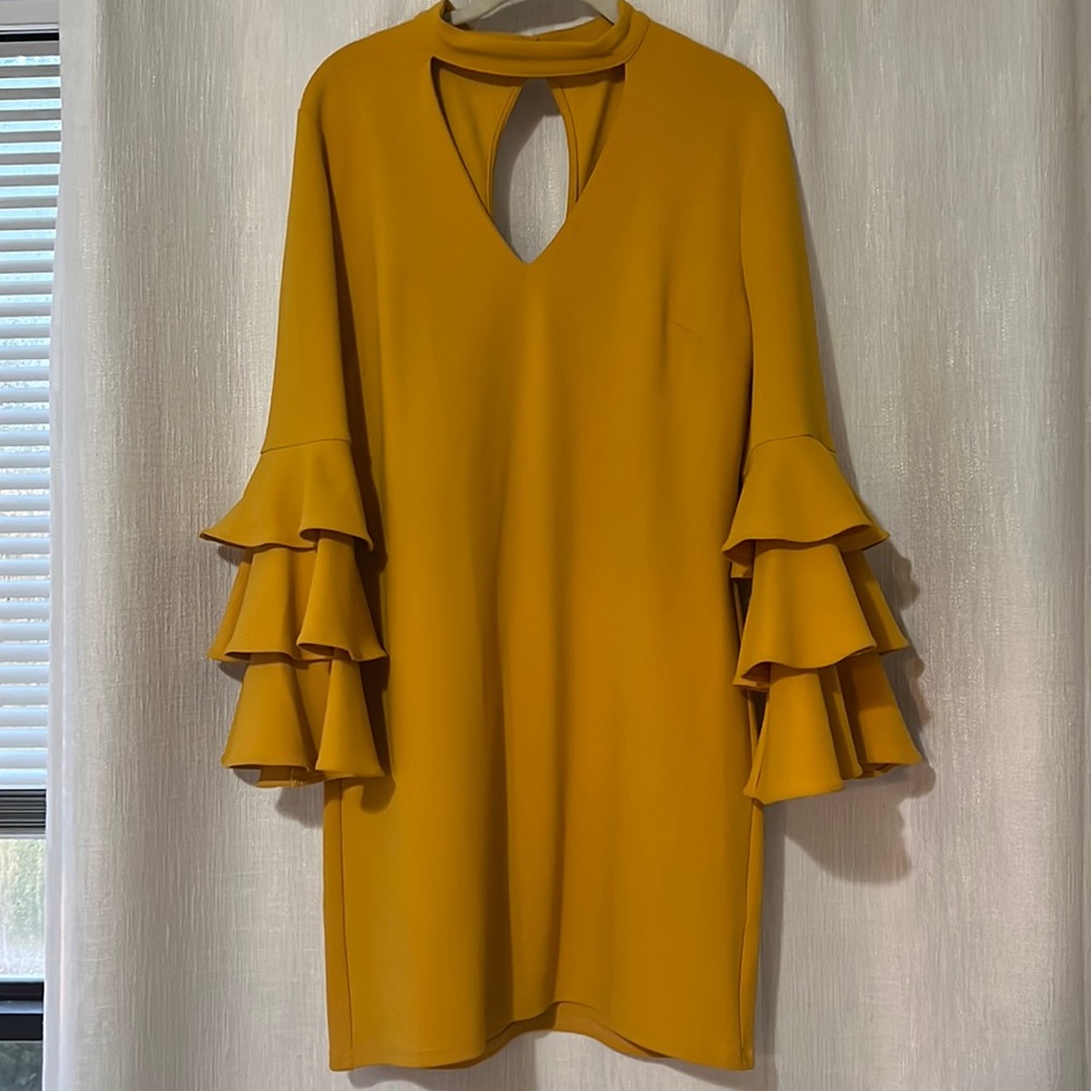 Mustard yellow cocktail dress with bell sleeves